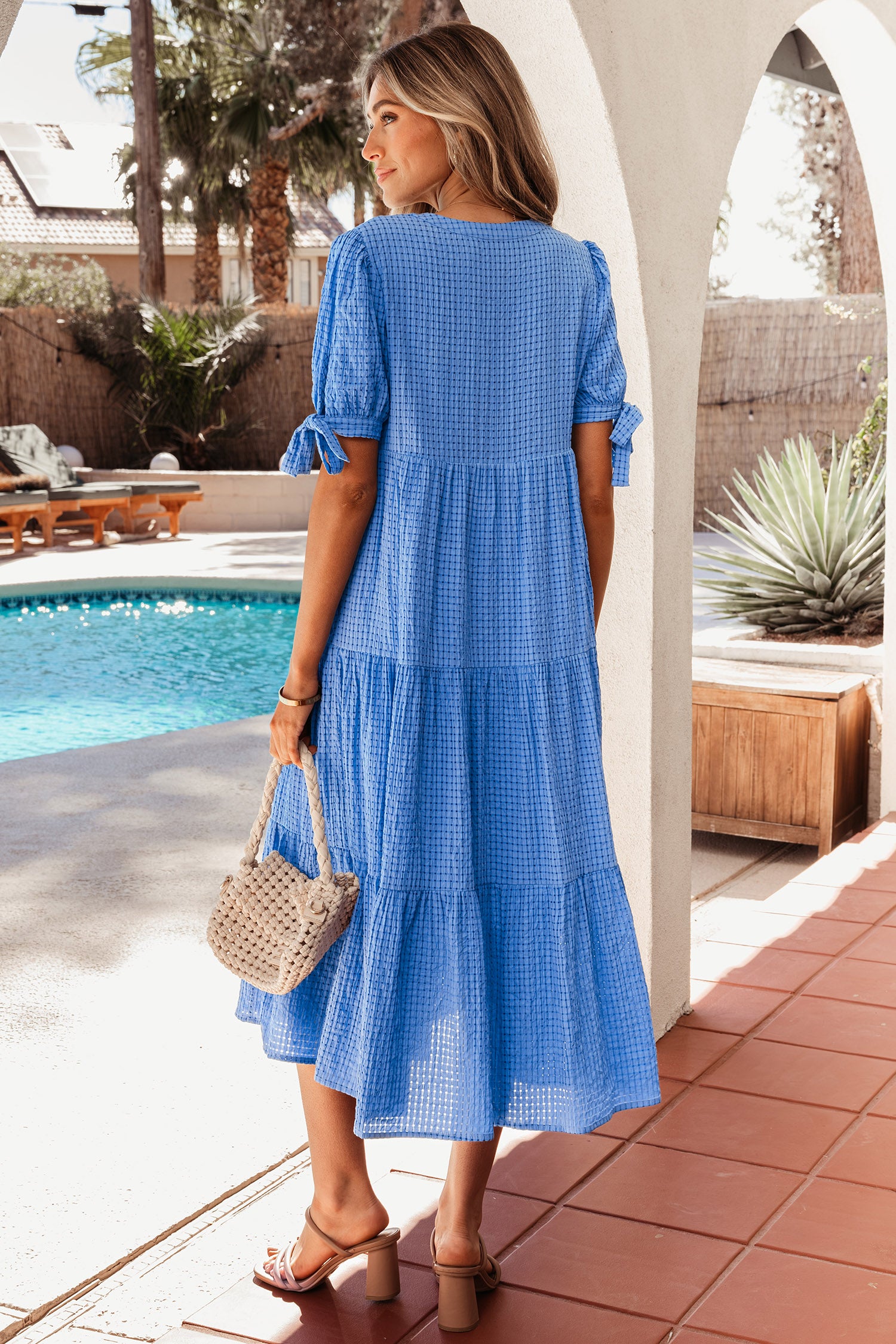 Dusk Blue Gingham Textured Bow Tie Short Sleeve Tiered Midi Dress Secondary image