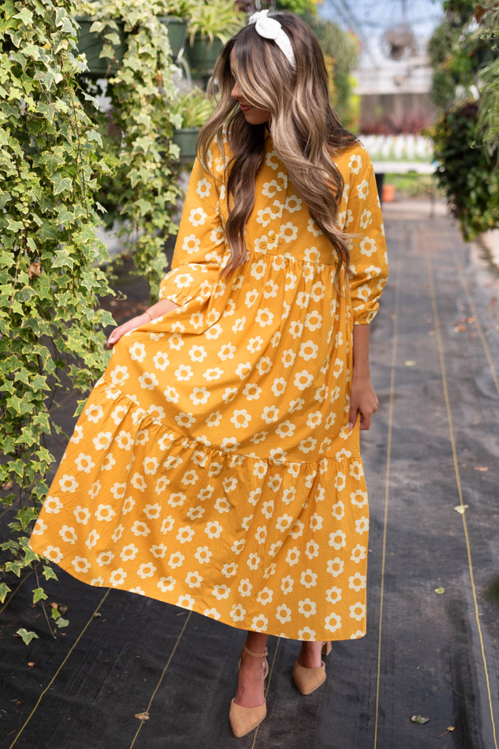 Yellow 100% Cotton Flower Print Bracelet Sleeve Buttons Collared Maxi Dress