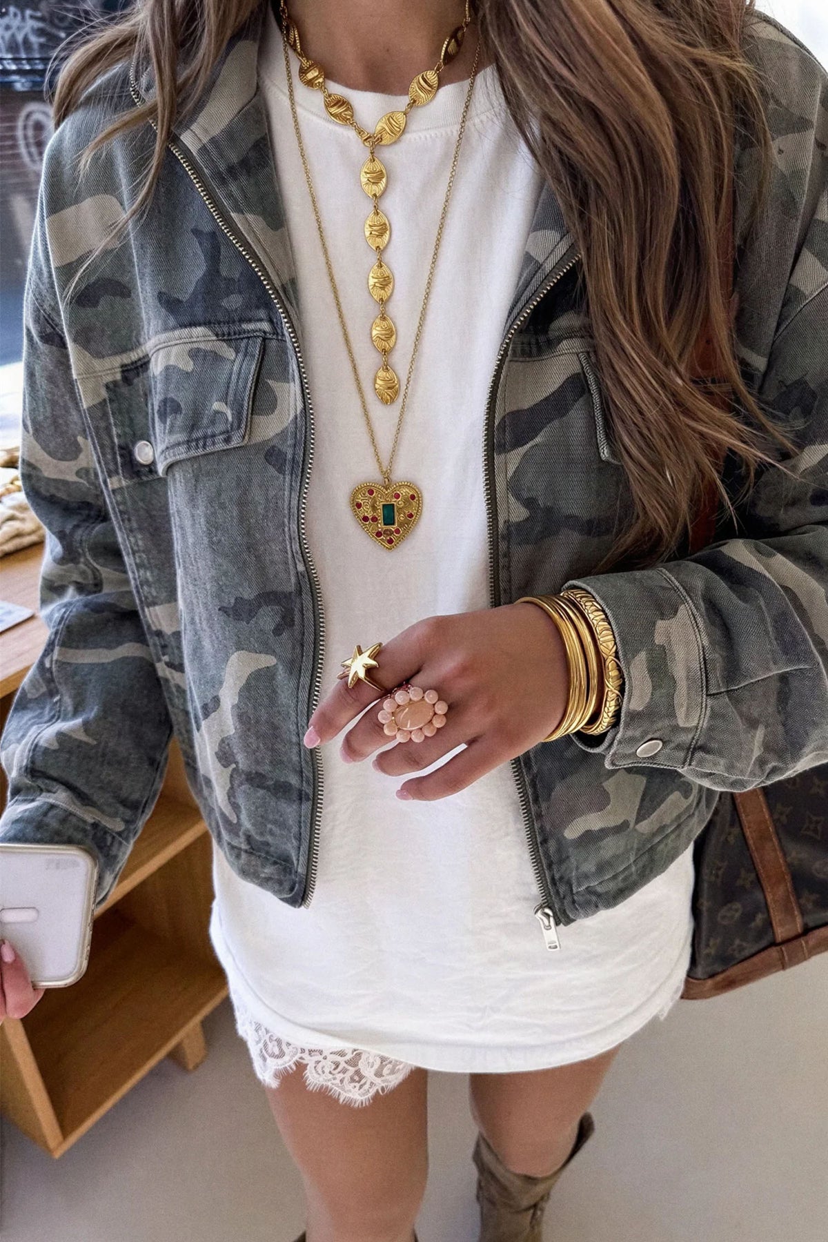 Multicolour 100% Cotton Western Camouflage Drop Shoulder Zip Denim Jacket Main image