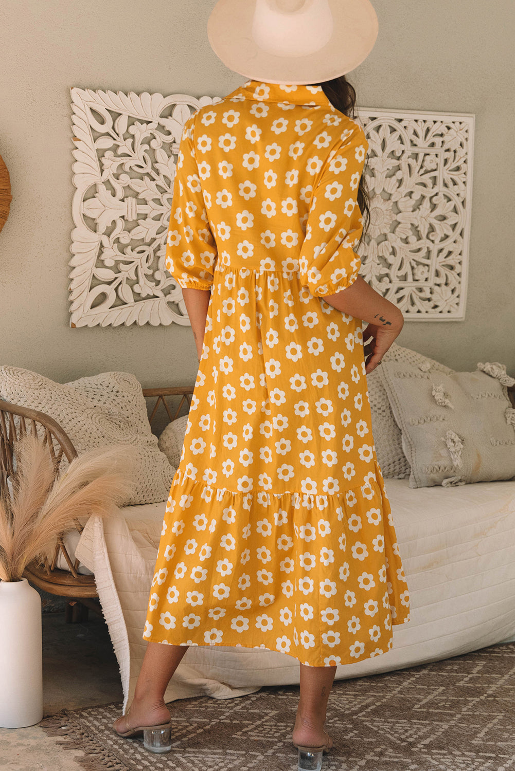 Yellow 100% Cotton Flower Print Bracelet Sleeve Buttons Collared Maxi Dress