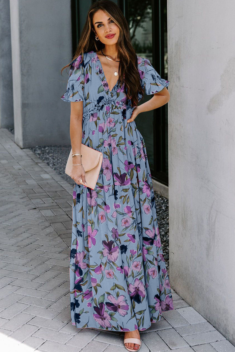 Sky Blue Fiery Floral Print Frilled V Neck Short Sleeve Maxi Dress Secondary image