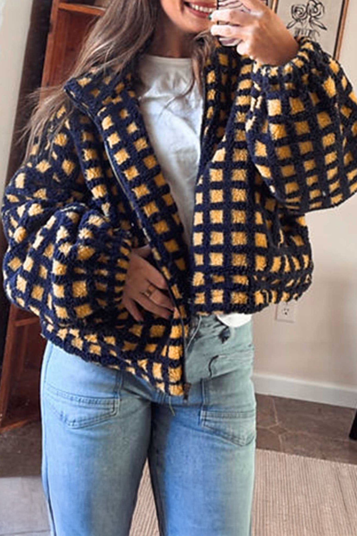 Blue Plaid Sherpa Fleece Zip Up Jacket Main image