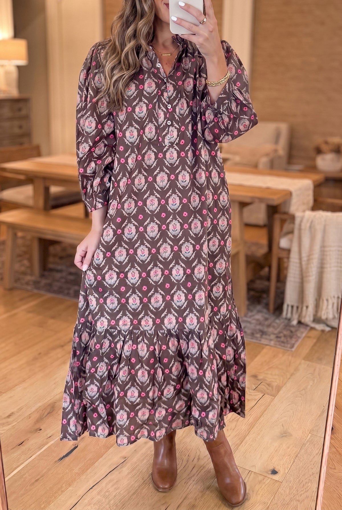 Brown Floral Print Button Front Ruffle Hem Midi Dress Main image