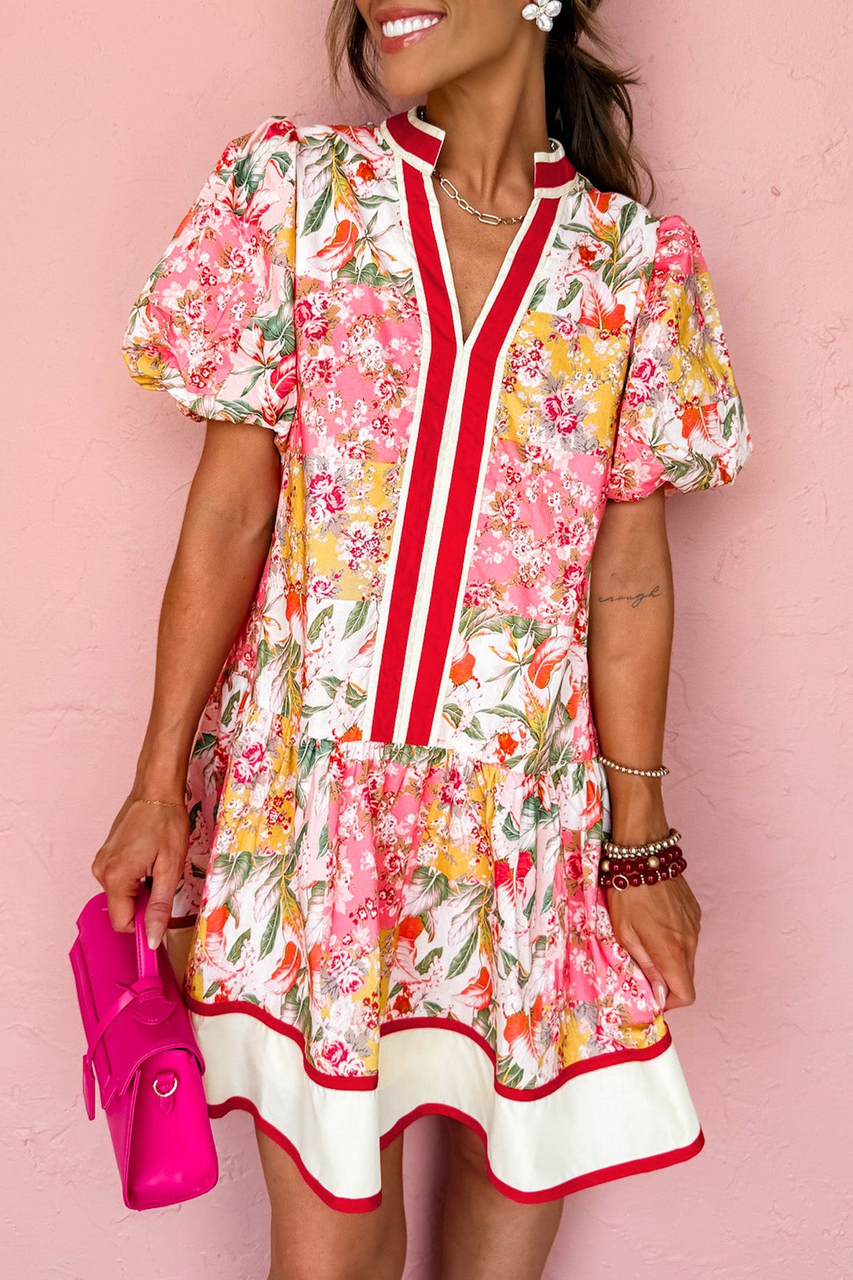 Pink Color Block Floral Print Contrast Trim V Neck Ruffle Hem Mini Dress Main image