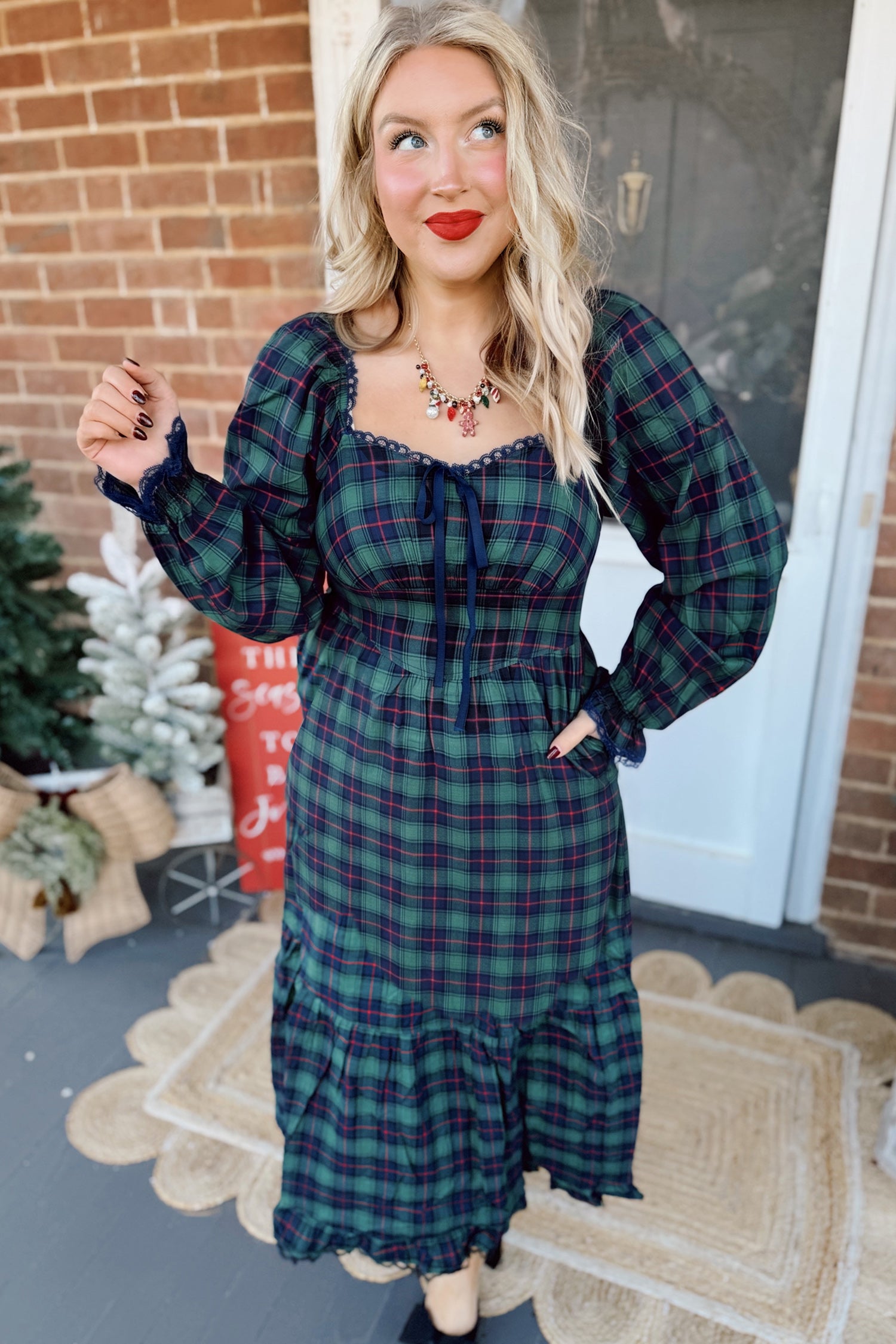 Green Vintage Plaid Square Neck Lace Trim Long Sleeve Shift Dress Secondary image