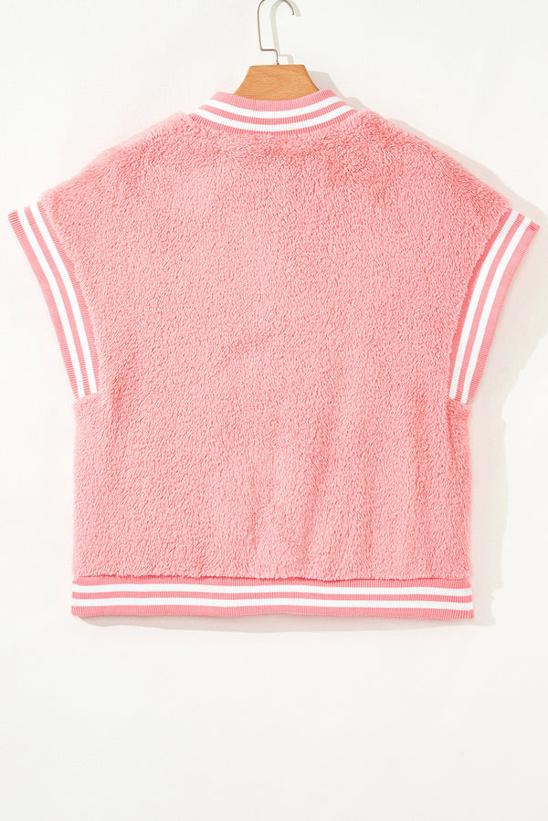 Gossamer Pink Varsity Striped Banding Patchwork Winter Plush Vest