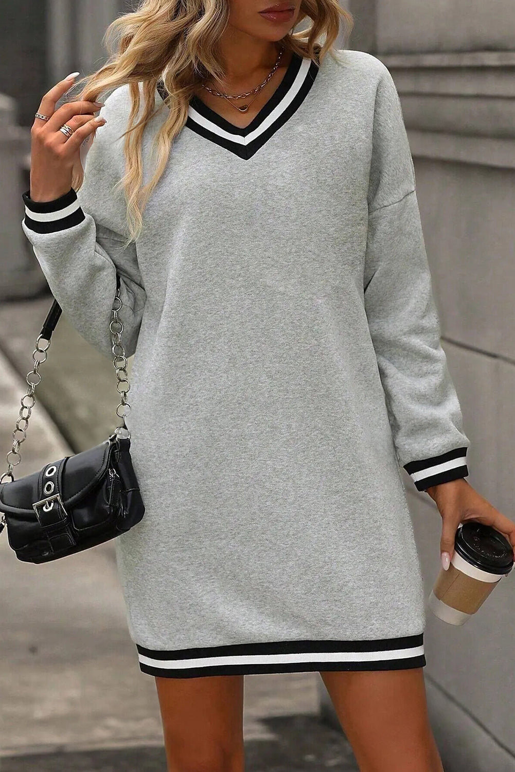 Light Grey Striped Trim V Neck Long Sleeve Preppy T Shirt Dress Secondary image
