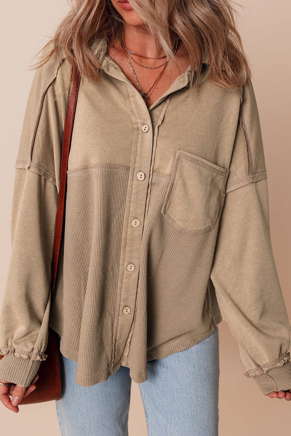 Goat Mineral Wash Textured Patchwork Loose Fit Shacket Main image
