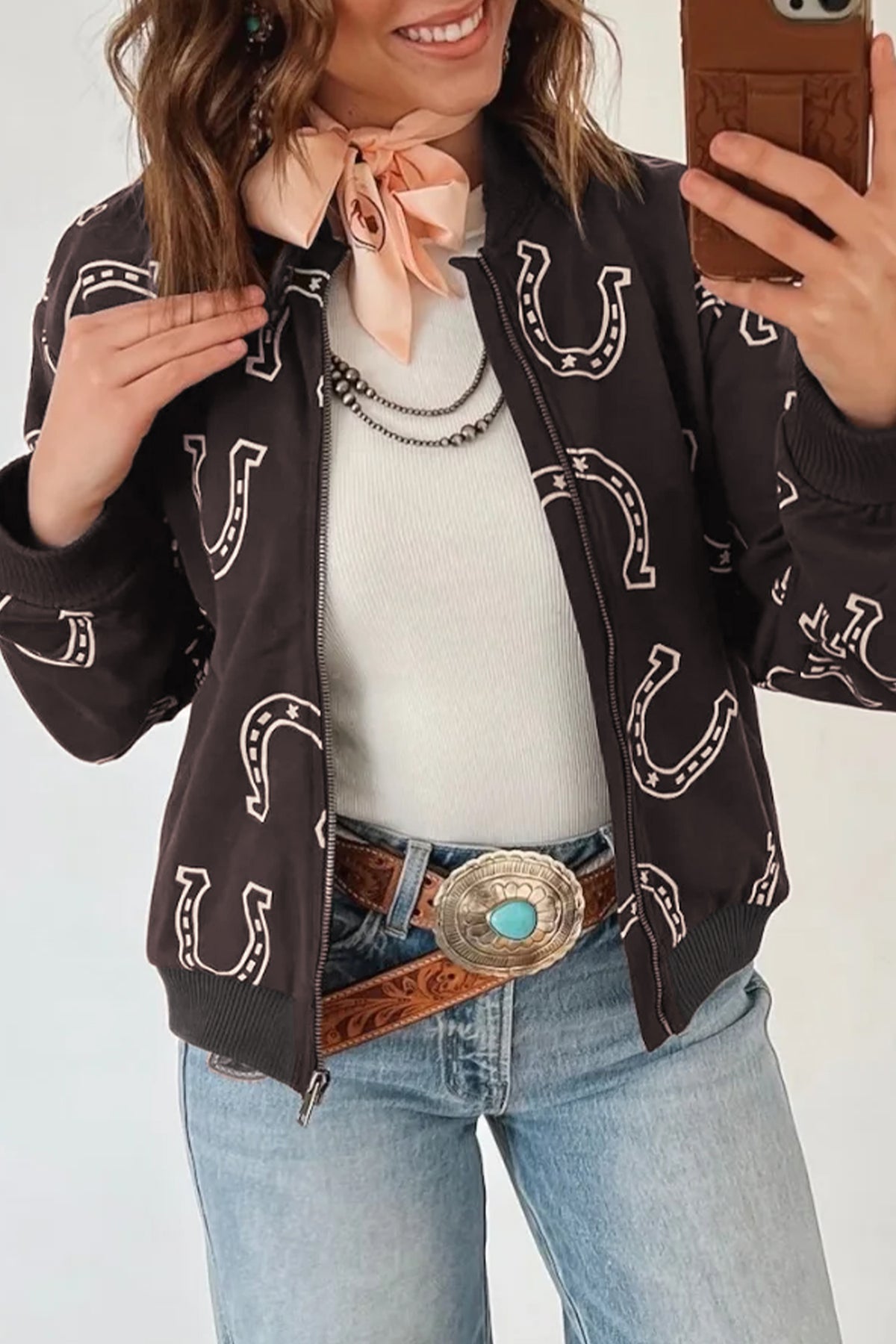 Brown Western Horseshoe Print Zipper Pocket Shift Jacket Main image