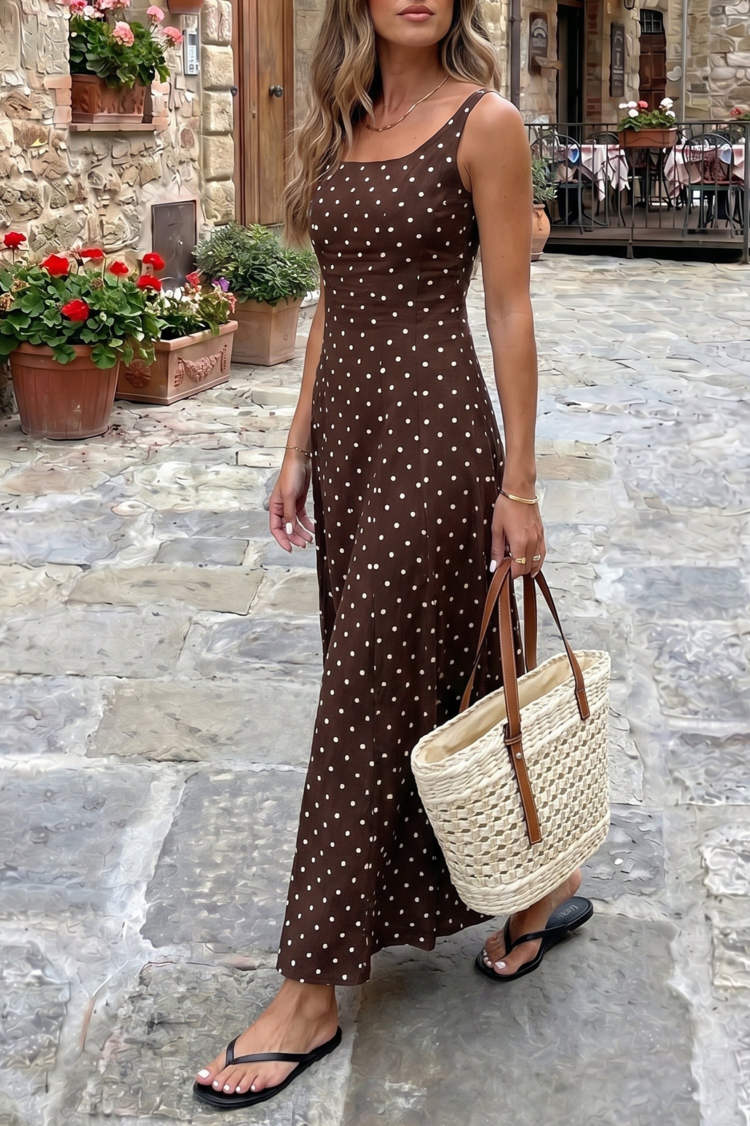 Brown Polka Dot Print Square Neck Sleeveless Vacation Long Dress Secondary image