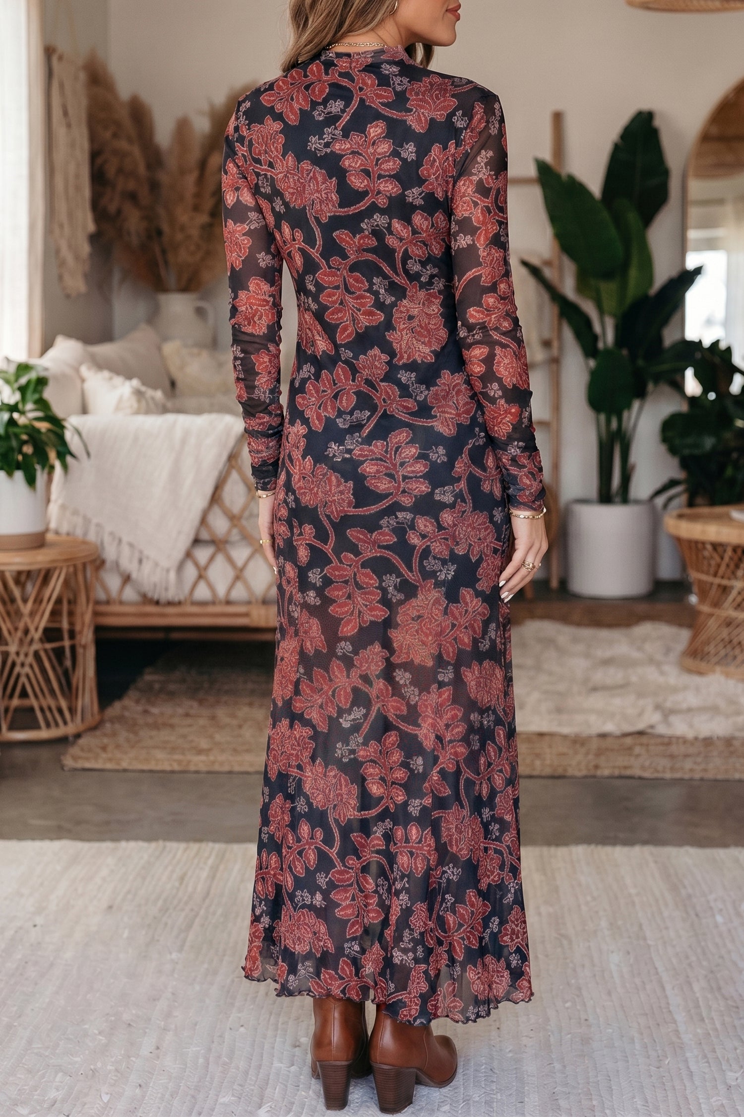 Black Retro Floral Print Long Sleeve Casual Mesh Dress Secondary image