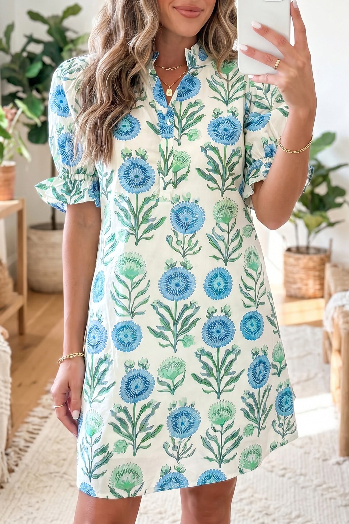 Sky Blue Floral Print Half Button Frilly Short Sleeve Dress Main image