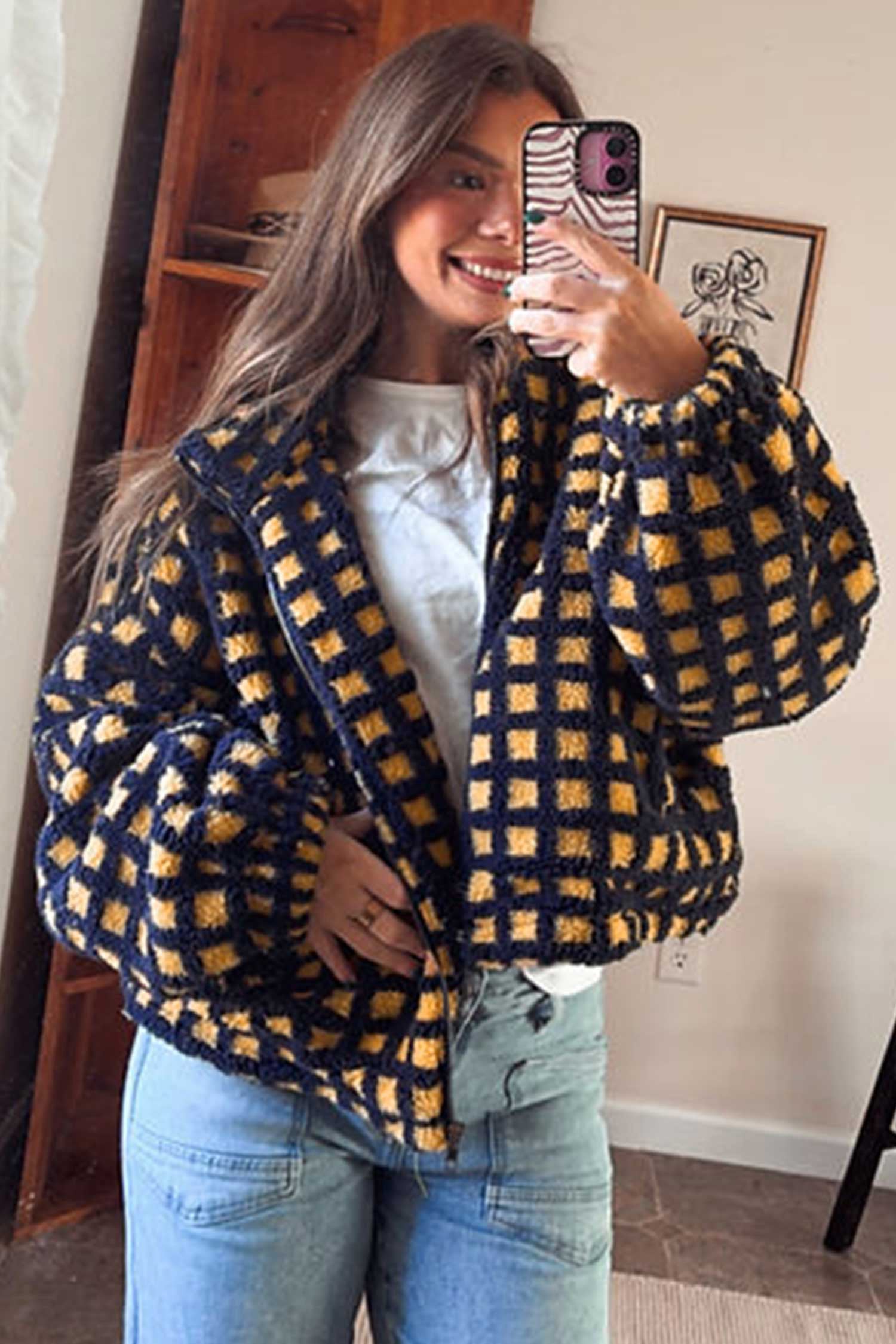 Blue Plaid Sherpa Fleece Zip Up Jacket Secondary image