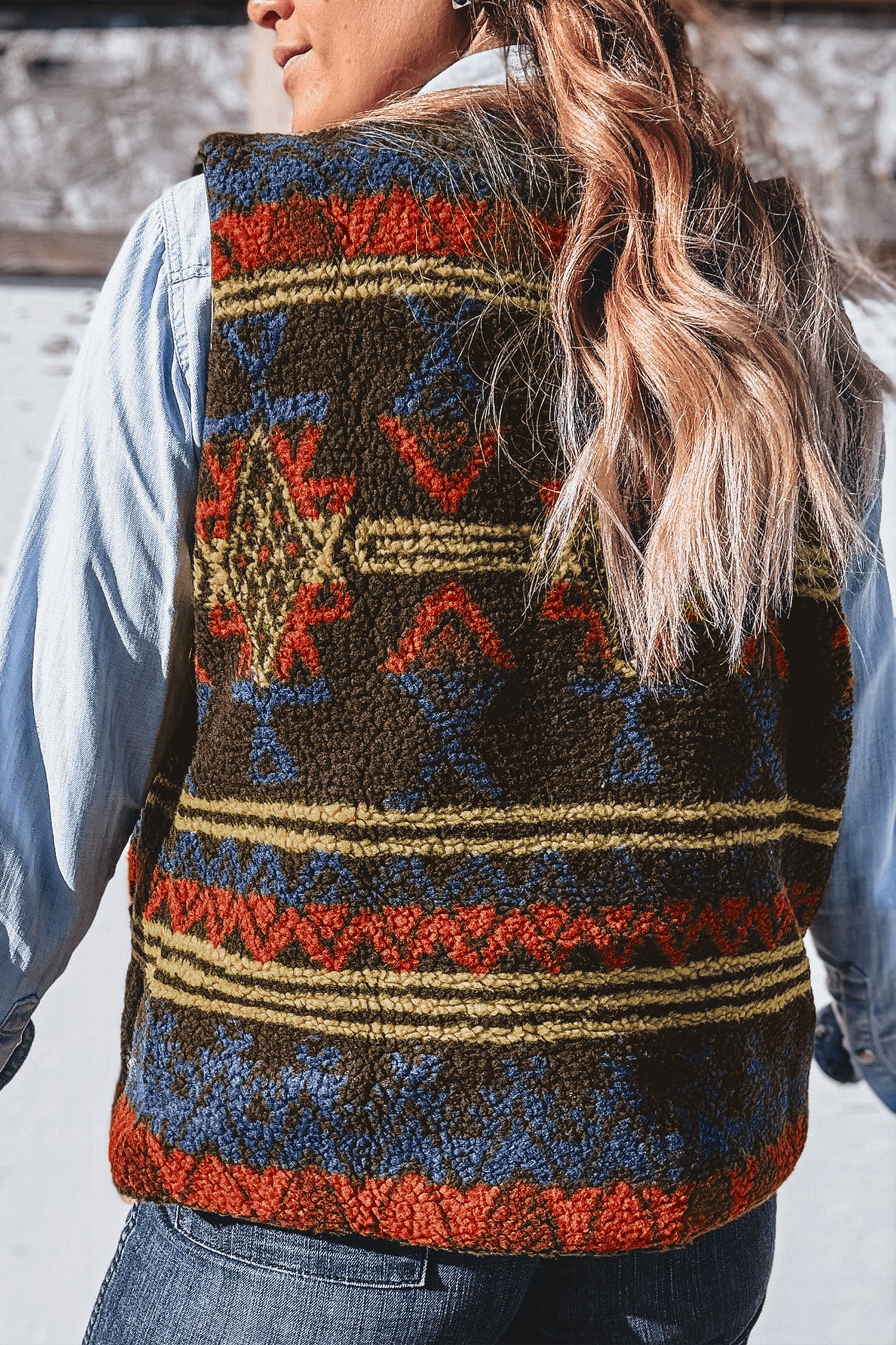 Multicolour Western Print Faux Fur Metal Zipper Insert Pockets Sleeveless Vest Secondary image