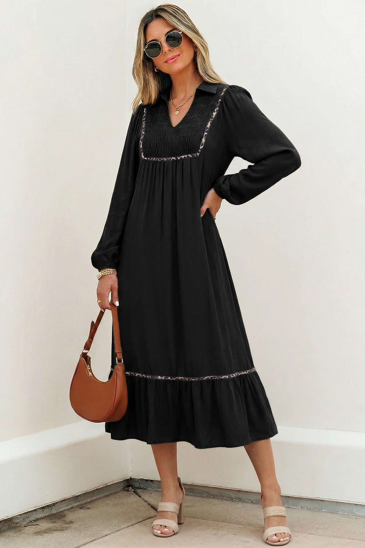 Black Collared V Neck Smocked Detail Contrast Leopard Trim Bracelet Sleeve Long Dress Main image