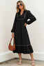 Black Collared V Neck Smocked Detail Contrast Leopard Trim Bracelet Sleeve Long Dress