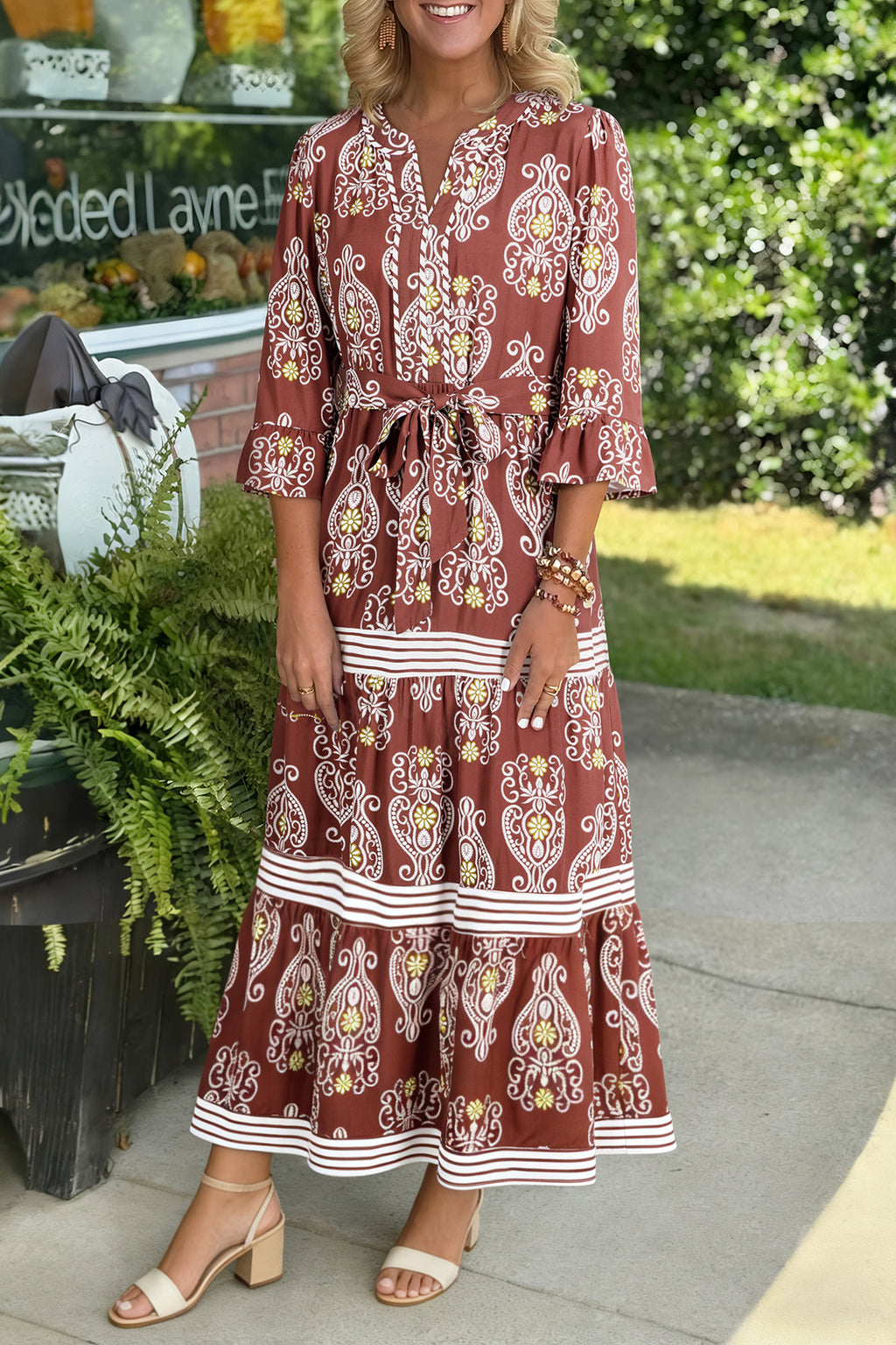 Brown Floral Print Belted Striped Trim Tiered Maxi Dress