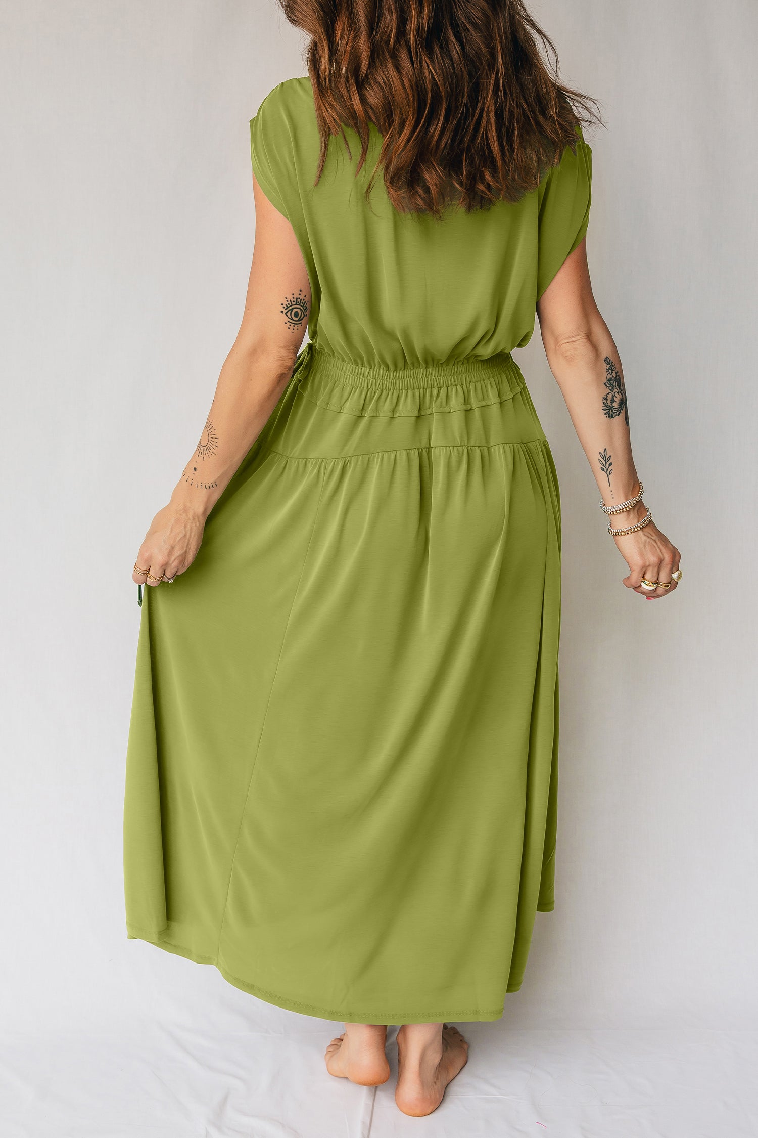Fern Green Solid V Neck Cap Sleeve Tunic Elastic Waist Versatile Maxi Dress Secondary image