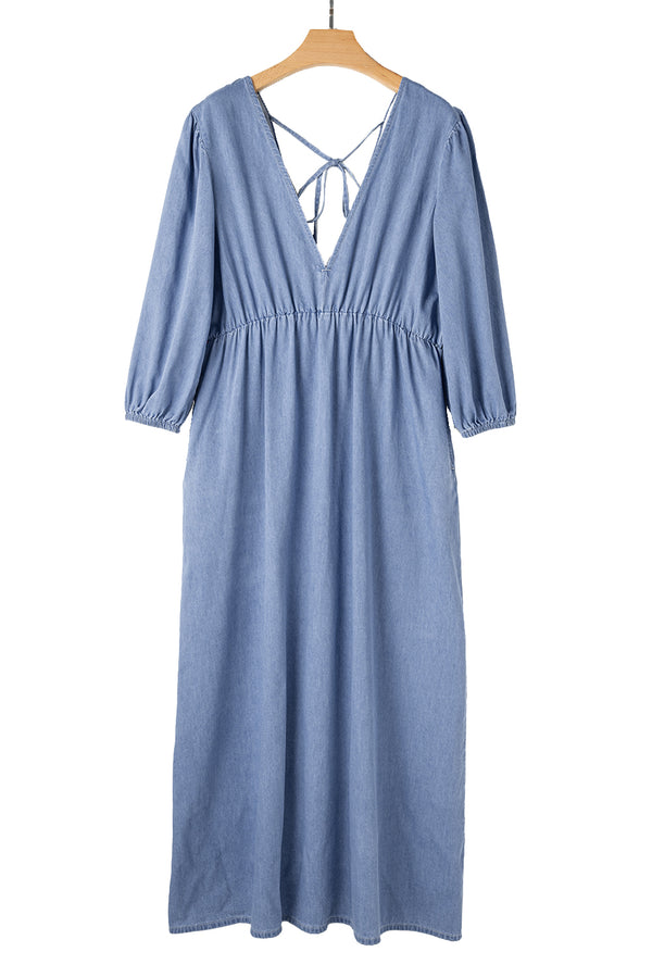 Myosotis 100% Cotton Chambray Deep V Neck Bracelet Sleeve Maxi Dress