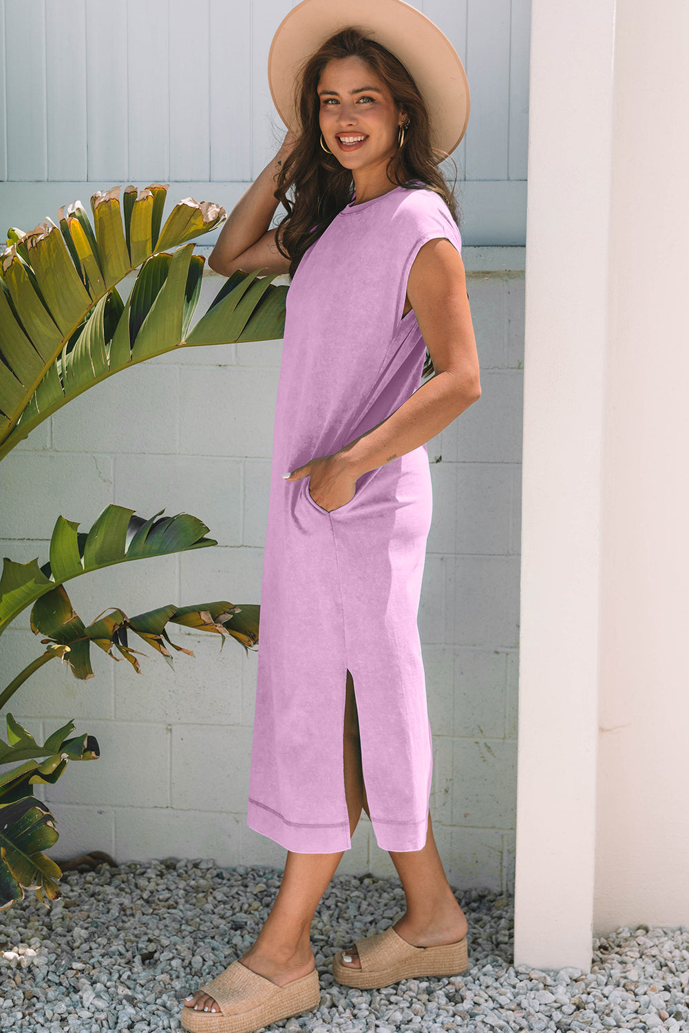 Wisteria 100% Cotton Mineral Wash Pocketed T-shirt Long Dress