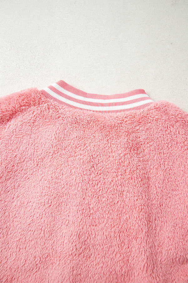 Gossamer Pink Varsity Striped Banding Patchwork Winter Plush Vest