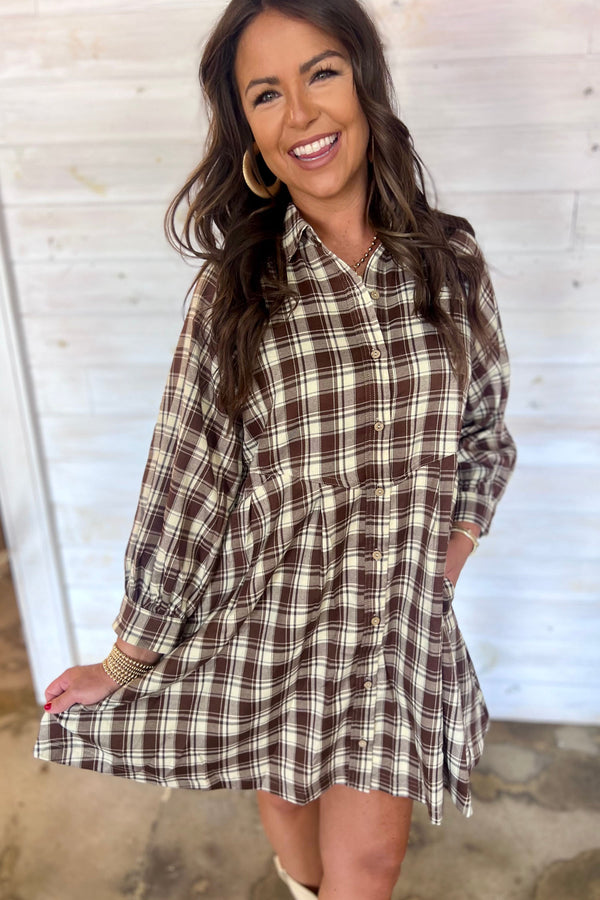 Brown 100% Cotton Plaid Long Sleeve Short Shift Mini Dress