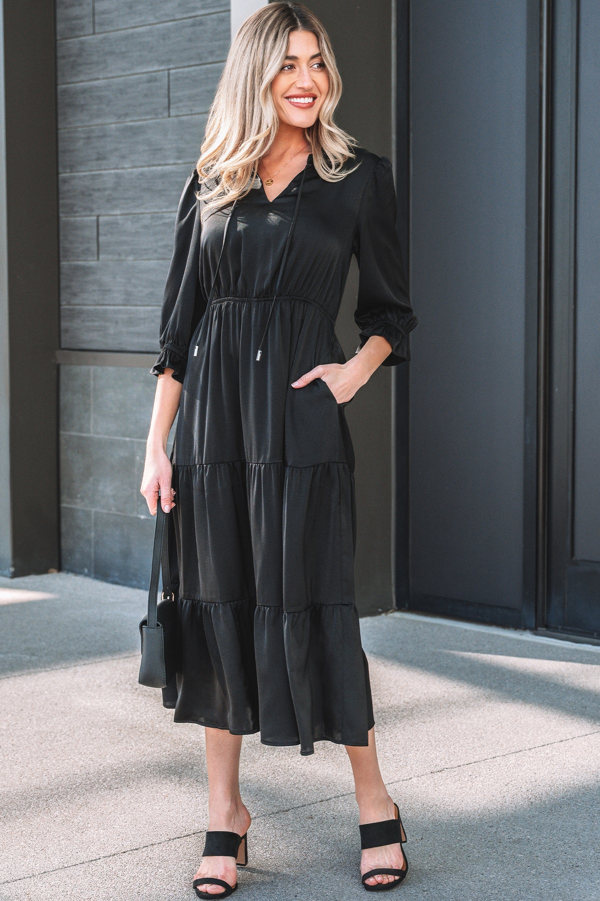Black Flounced Bracelet Sleeve V Neck Tiered Maxi Dress Main image