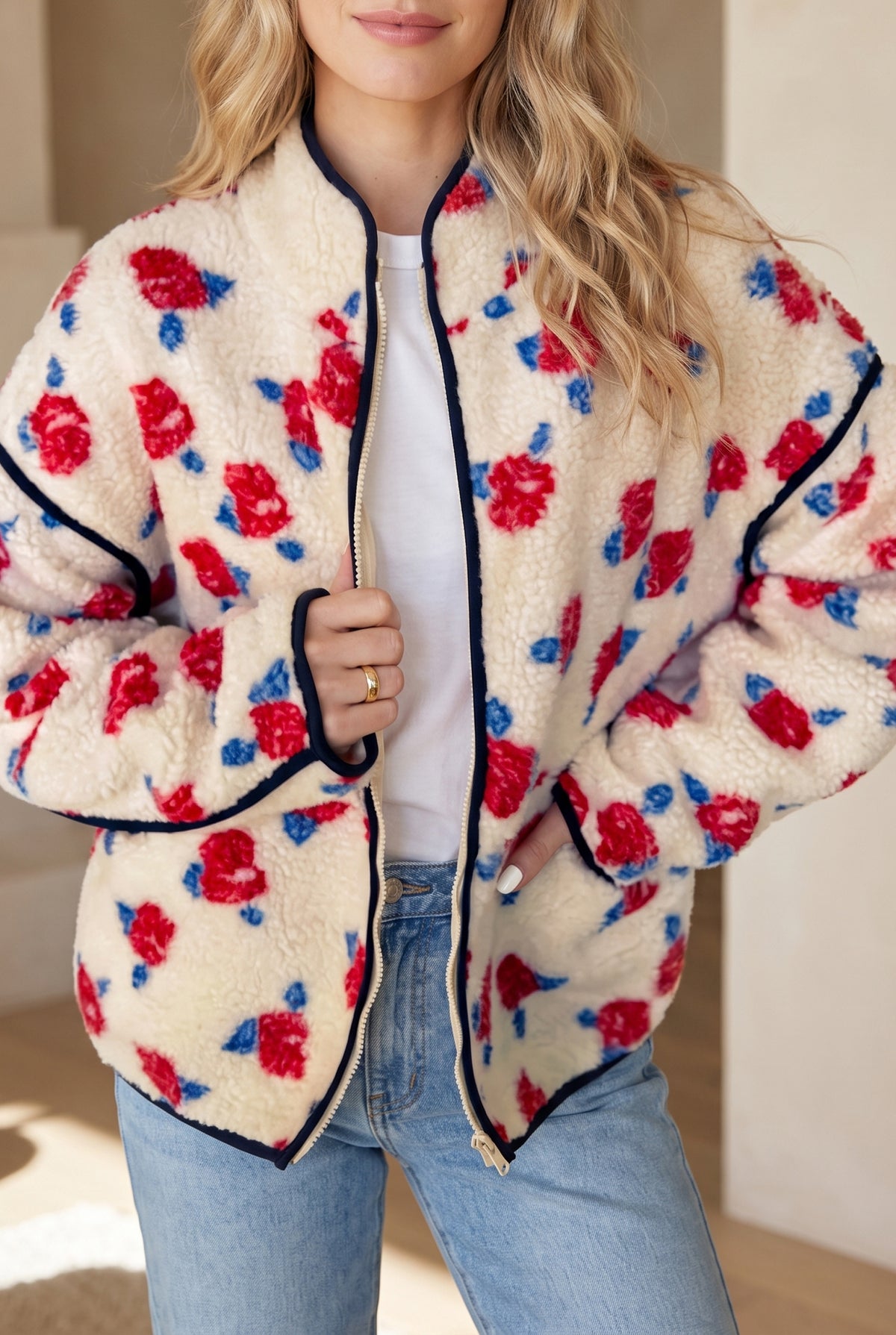 White Floral Print Zipper Stand Neck Outerwear Fleece Coat Main image