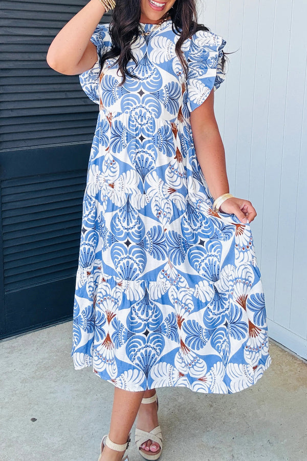 Sky Blue Tropical Botanic Print Flutter Sleeve Vacation Long Dress