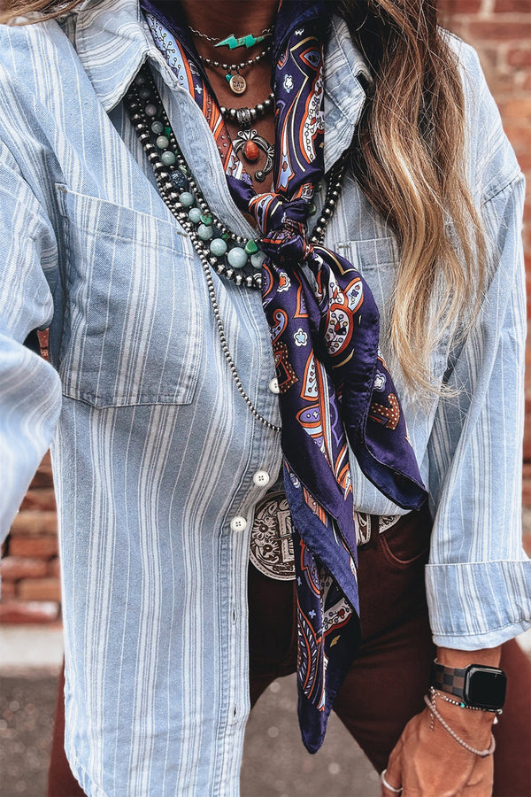 Sky Blue Stripe Boyfriend Chest Pocket Classic Denim Shacket