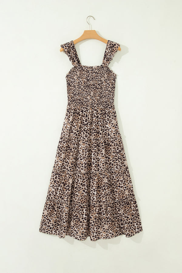 Brown Ruffled Straps Smocked Tiered Leopard Maxi Dress
