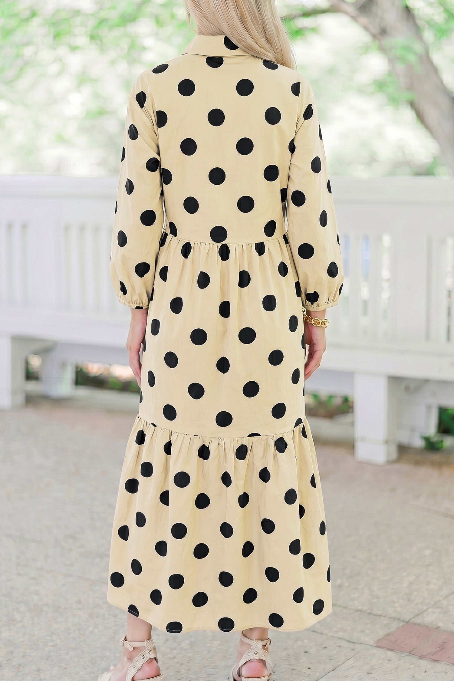 Apricot Polka Dot Button Front Long Sleeve Shift Dress Secondary image