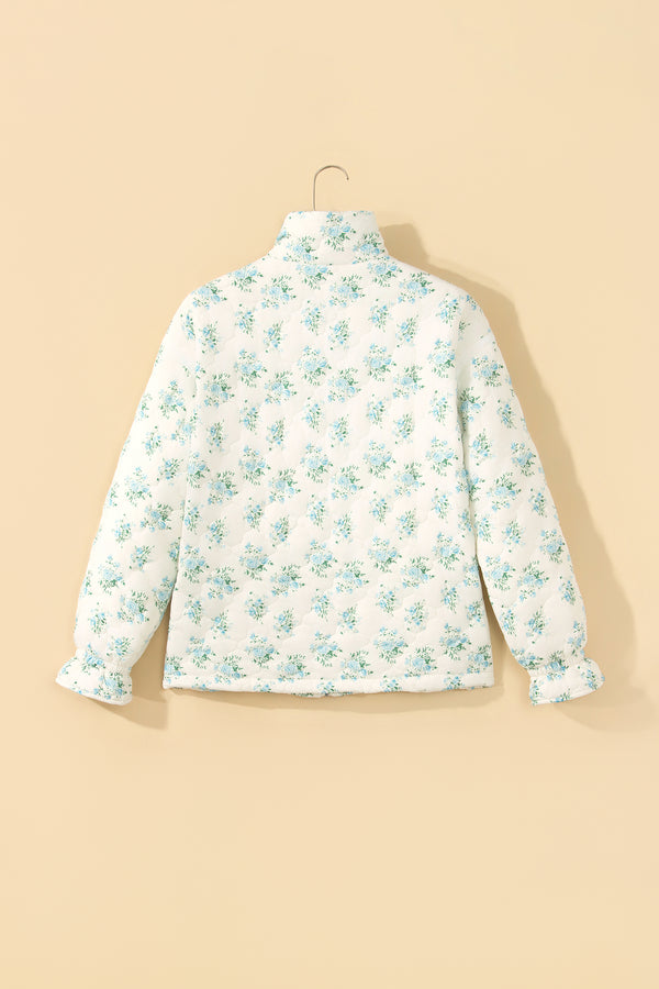 Sky Blue Floral Quilted Flounced Sleeve Casual Puffer Coat