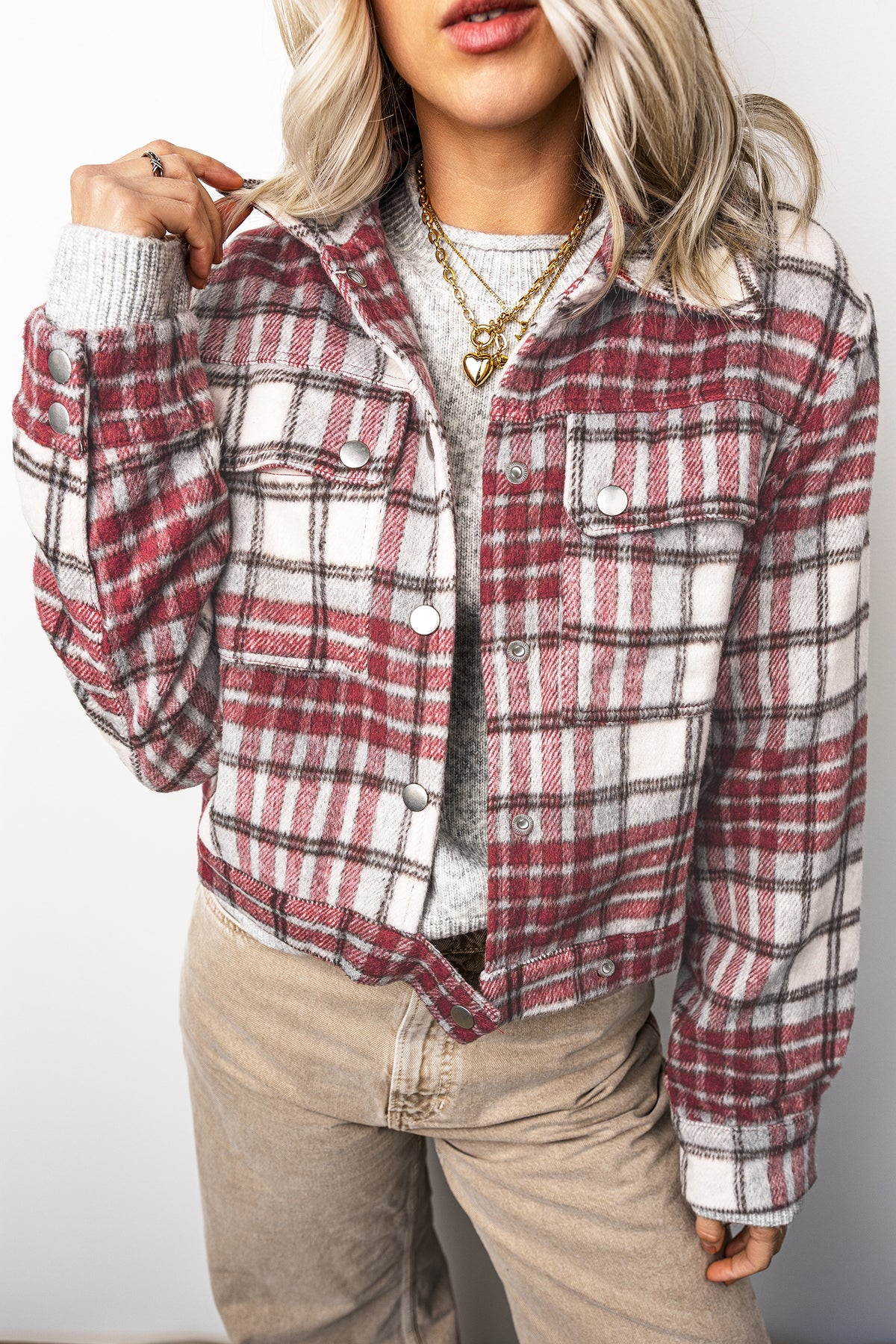 Red Plaid Flannel Metal Button Collar Long Sleeve Vintage Shift Jacket Main image