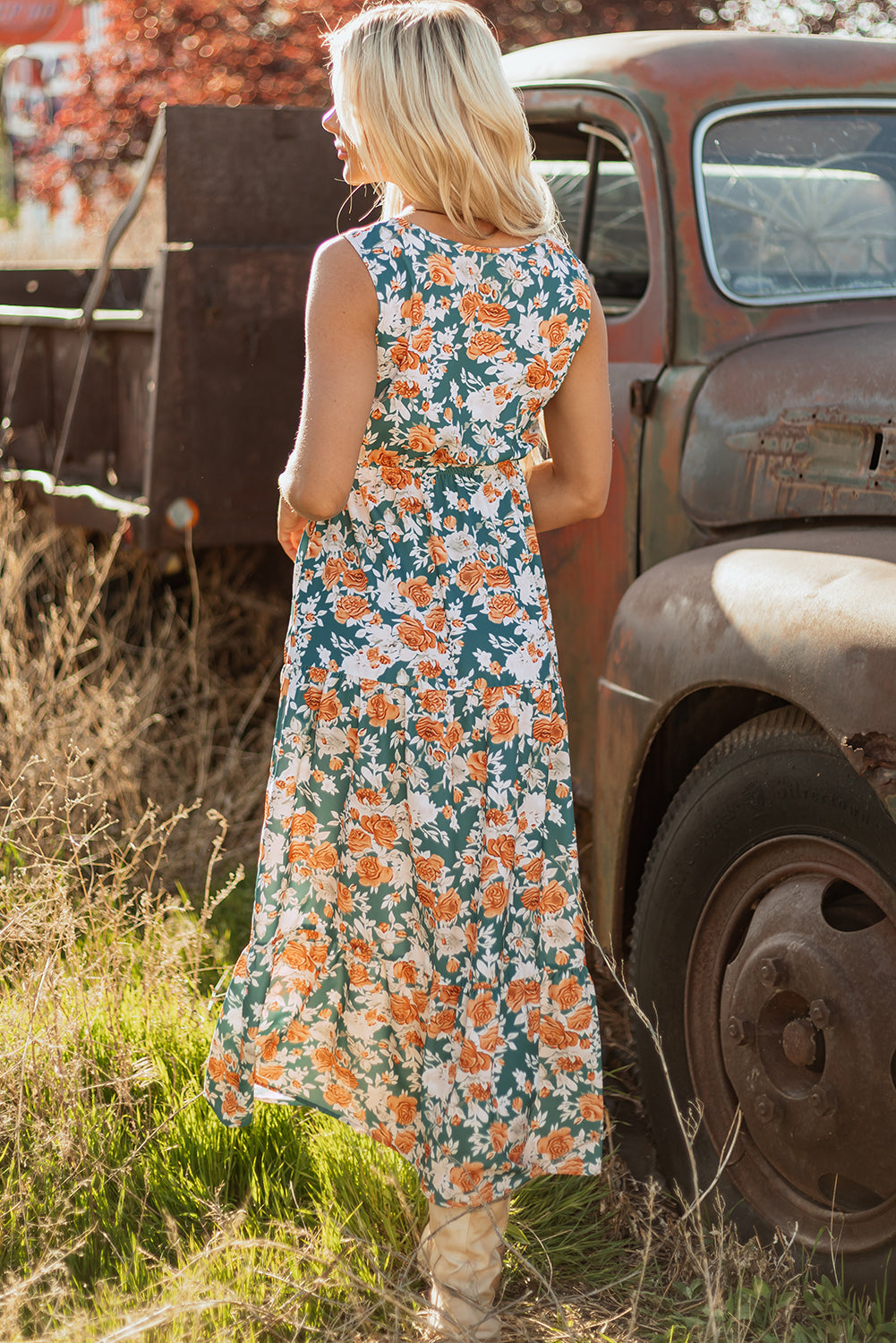 Green Floral Print Trimmed V Neck Tie Waist Sleeveless Holiday Long Dress