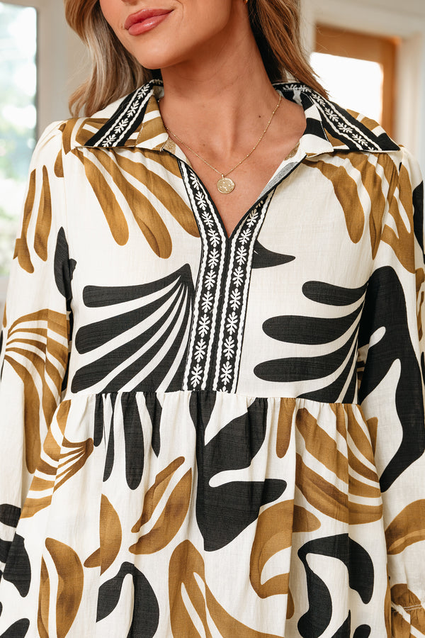 Brown Tropical Printed Contrast Trim Neck Long Sleeve Ruffle Hem Dress