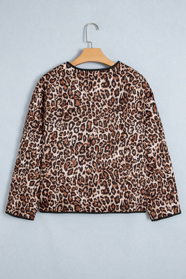 Brown Leopard Print Quilted Button Front Patch Pockets Jacket