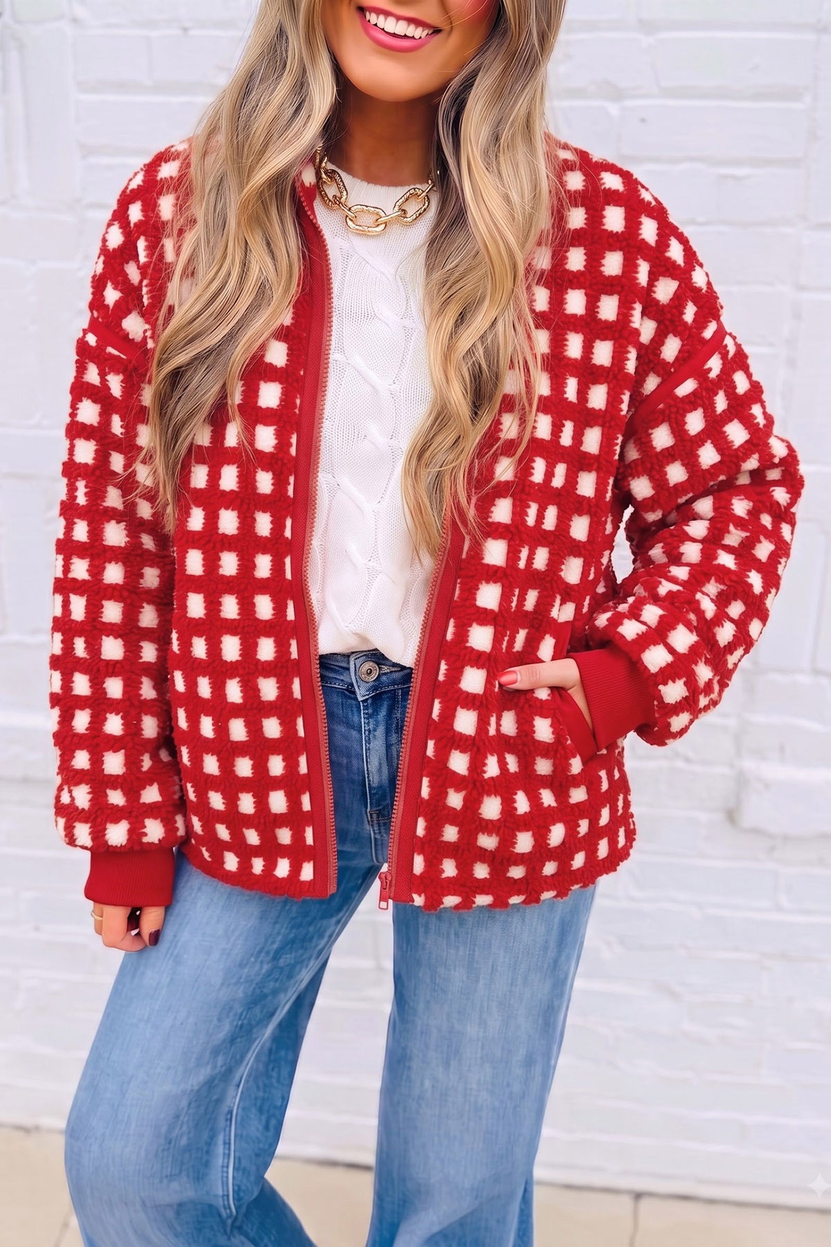 Fiery Red Plaid Zip-up Long Sleeve Jacket Main image