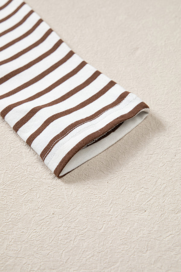 Brown Stripe Ribbed Knit Long Sleeve Bodice Contrast Patchwork Flared Dress