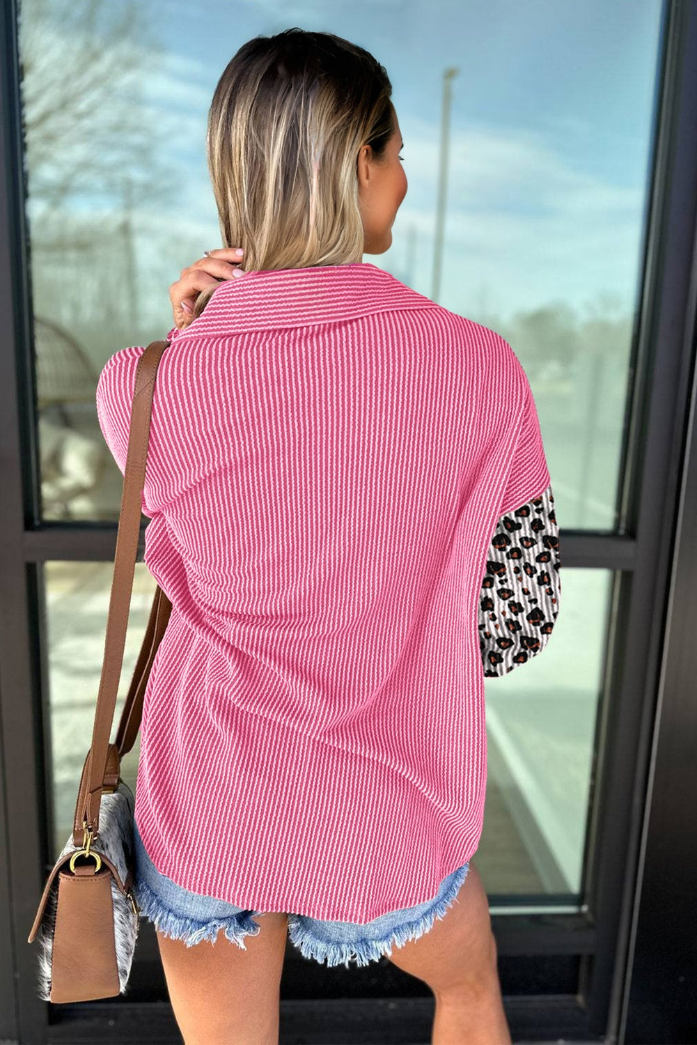 Rose Red Leopard Patched Twisted Ribbed Western Casual Shacket Secondary image