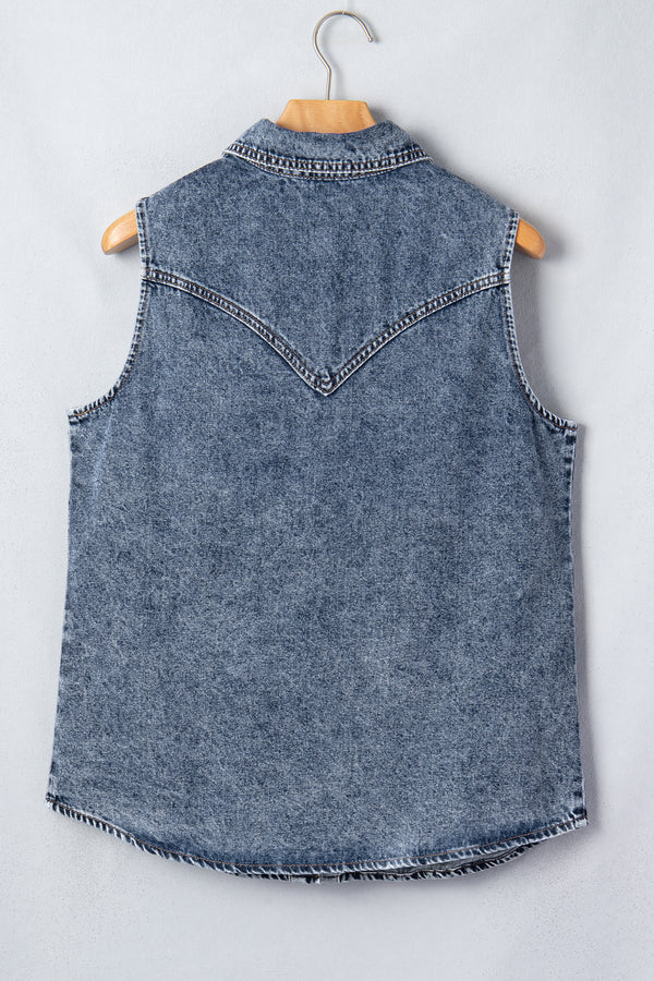 Ashleigh Blue Solid Denim Button Front Pocket Sleeveless Cowboy Vest