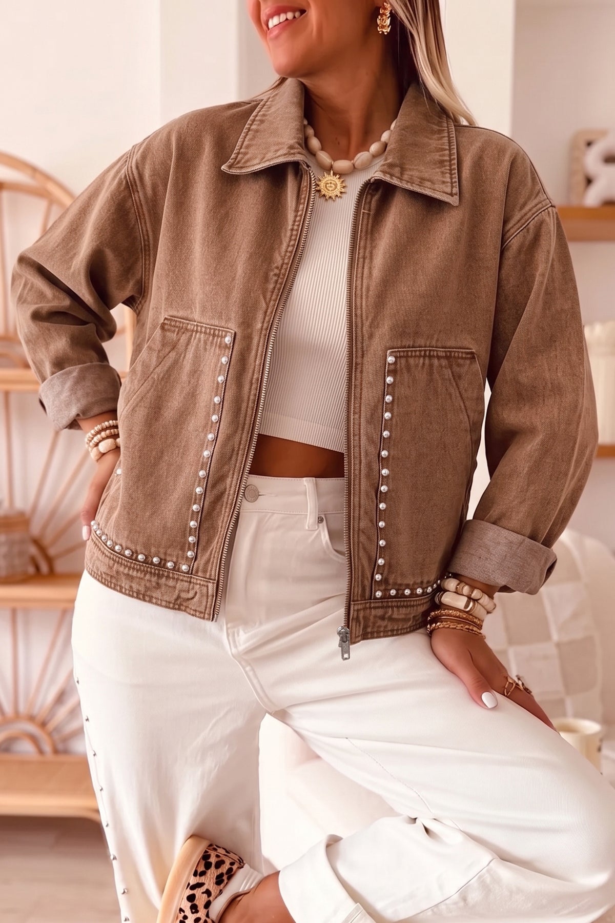 Beau Blue Studded Metal Zipper Rivet Pockets Long Sleeve Denim Jacket