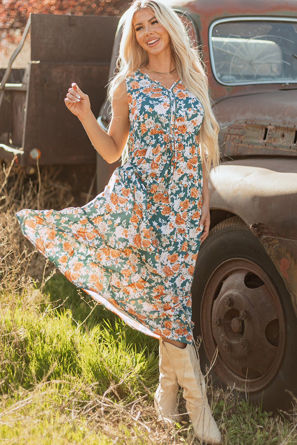 Green Floral Print Trimmed V Neck Tie Waist Sleeveless Holiday Long Dress