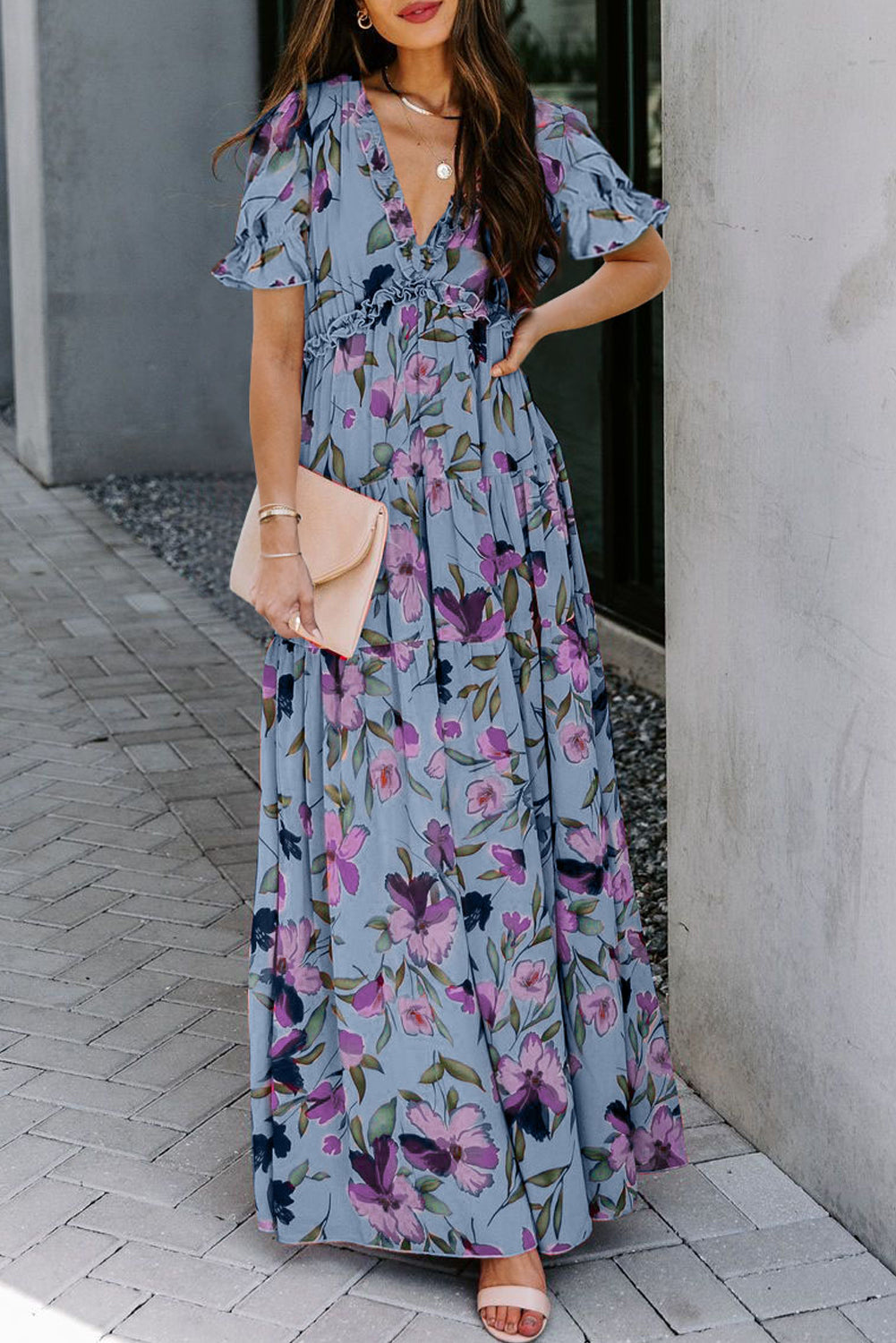 Sky Blue Fiery Floral Print Frilled V Neck Short Sleeve Maxi Dress Main image