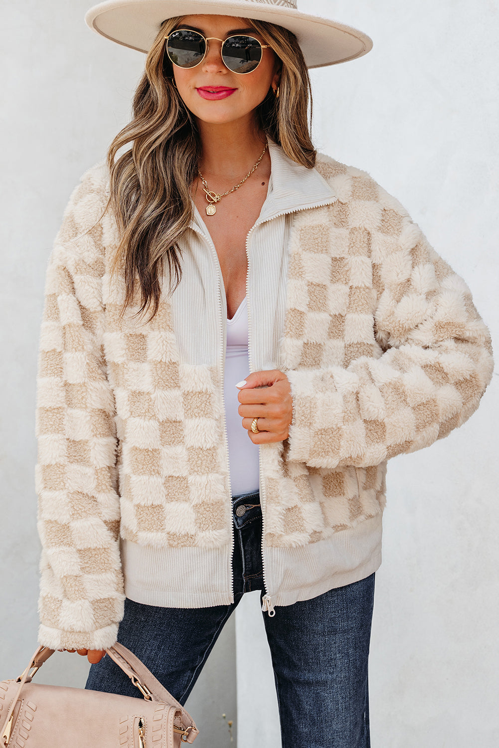 Khaki Checker Sherpa Corduroy Patchwork Zip up Collared Jacket Main image