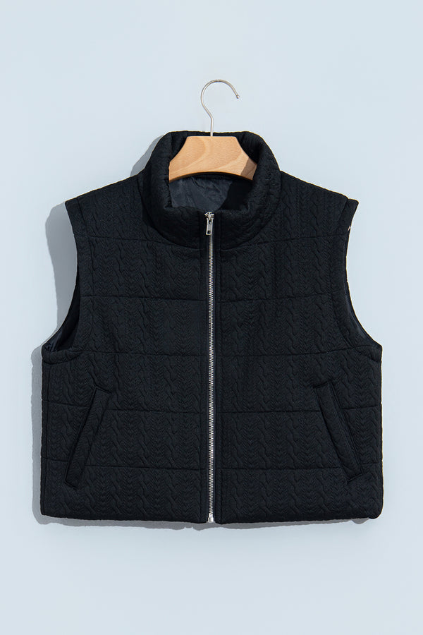 Black Textured Quilted Stand Neck Zipper Winter Vest