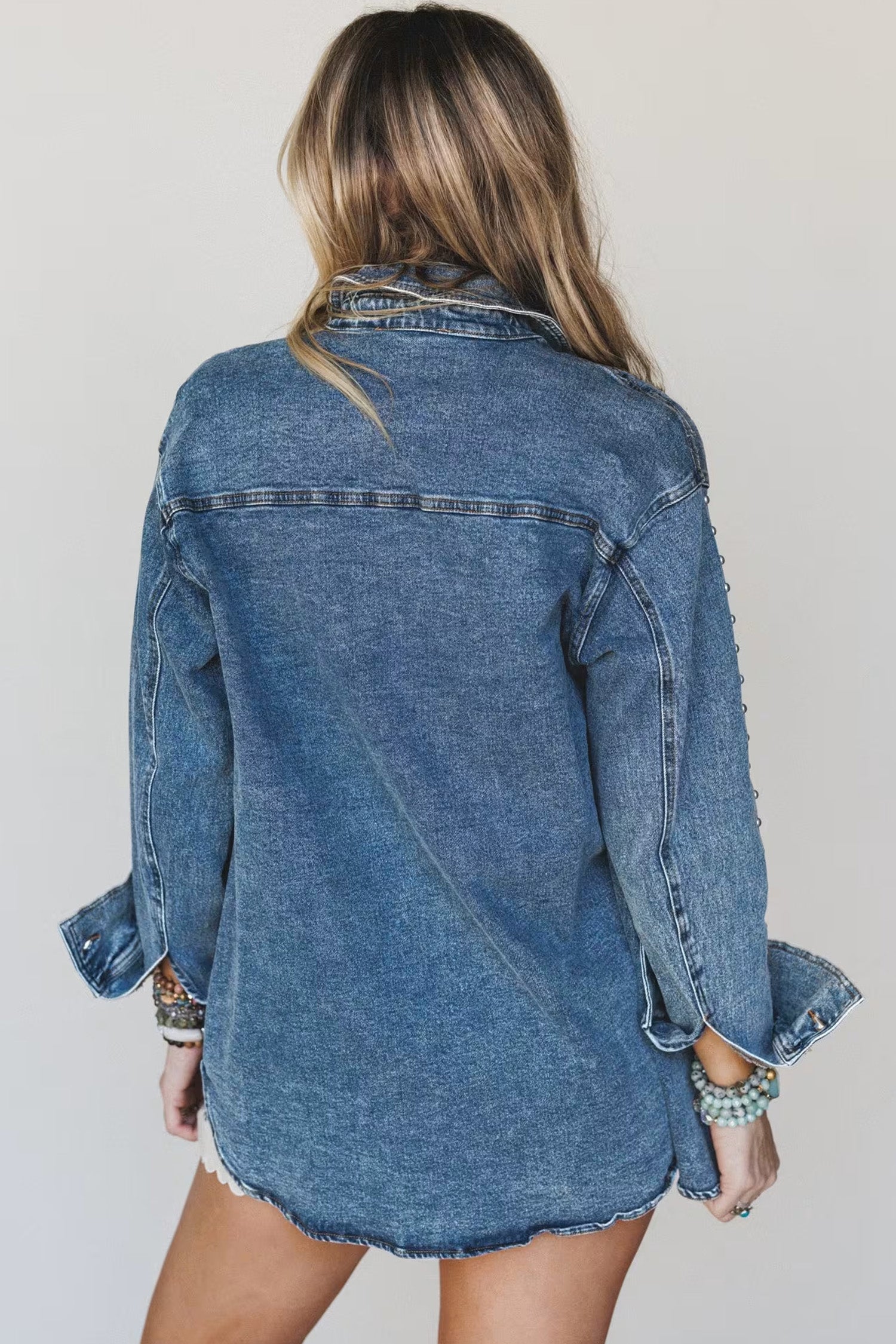 Sail Blue Rivet Embellished Western Style Regular Fit Long Sleeve Denim Jacket Secondary image