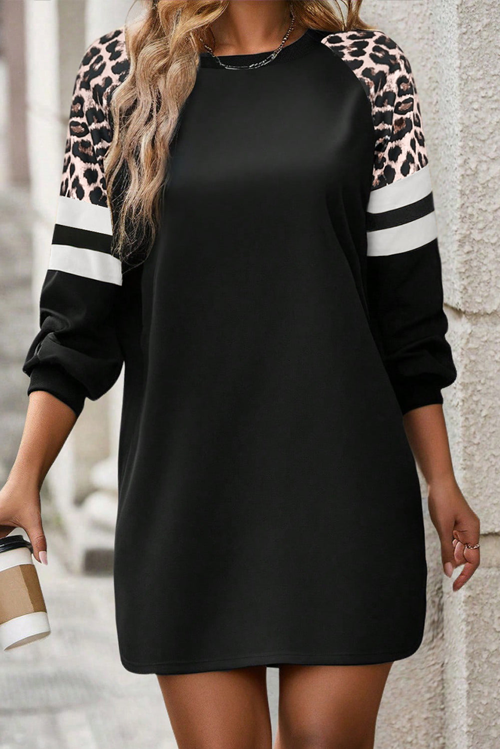 Black Leopard Print Patchwork Varsity Raglan Sleeve Sweatshirt Dress Main image