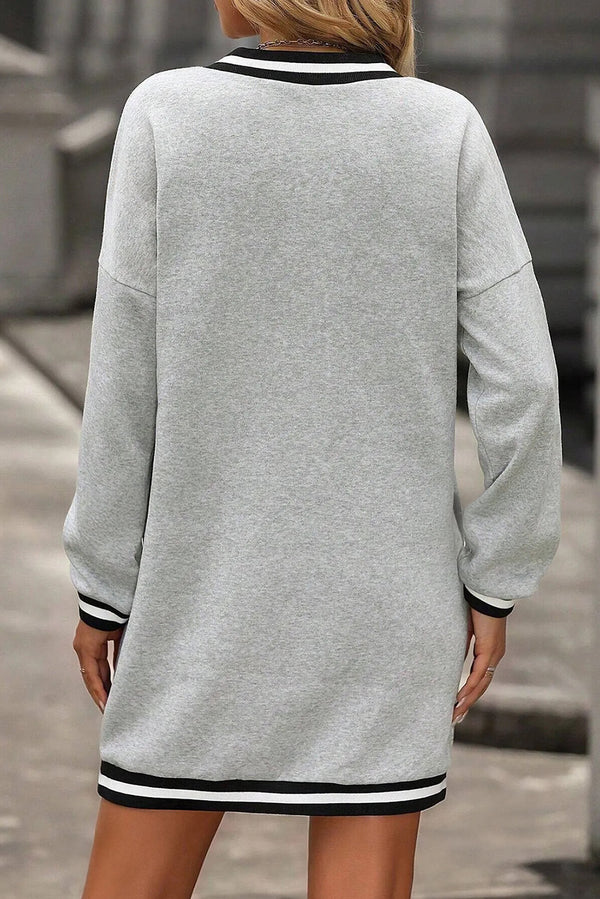 Light Grey Striped Trim V Neck Long Sleeve Preppy T Shirt Dress