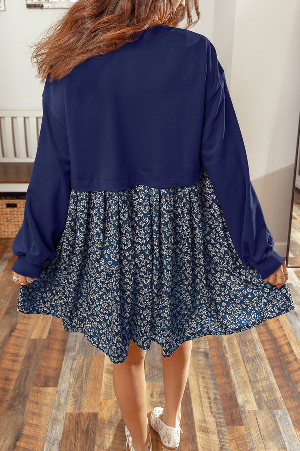 Orange Solid Long Sleeve Patchwork Floral Flared 2-in-1 Mini Dress